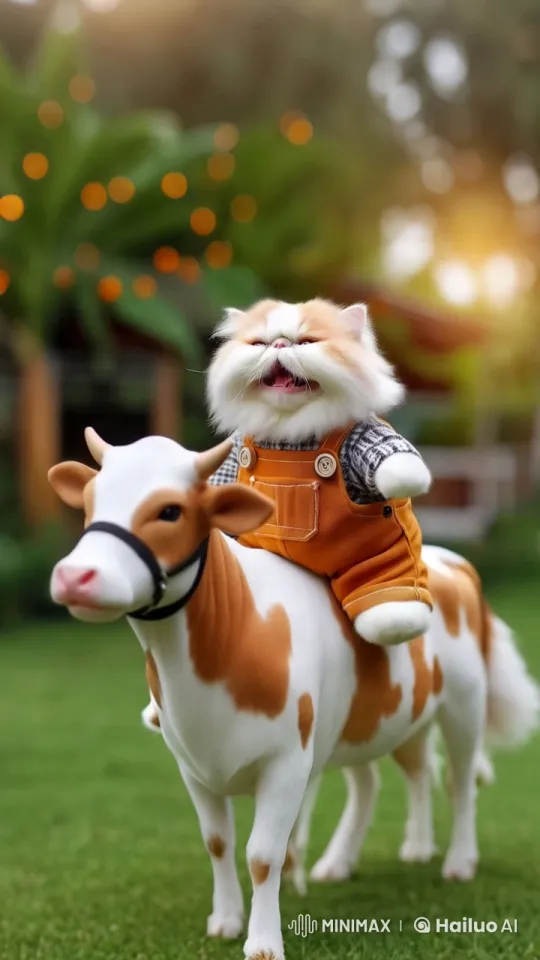 Fluffy Cat on Cow in Enchanting Pastoral Setting – AI Generated Video | Hailuo AI
