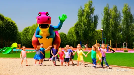 Colorful Dinosaur Welcomes Children in Joyful Playground – AI Generated Video | Hailuo AI