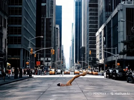 Man Swims in City Street Amidst Bustling Life – AI Generated Video | Hailuo AI