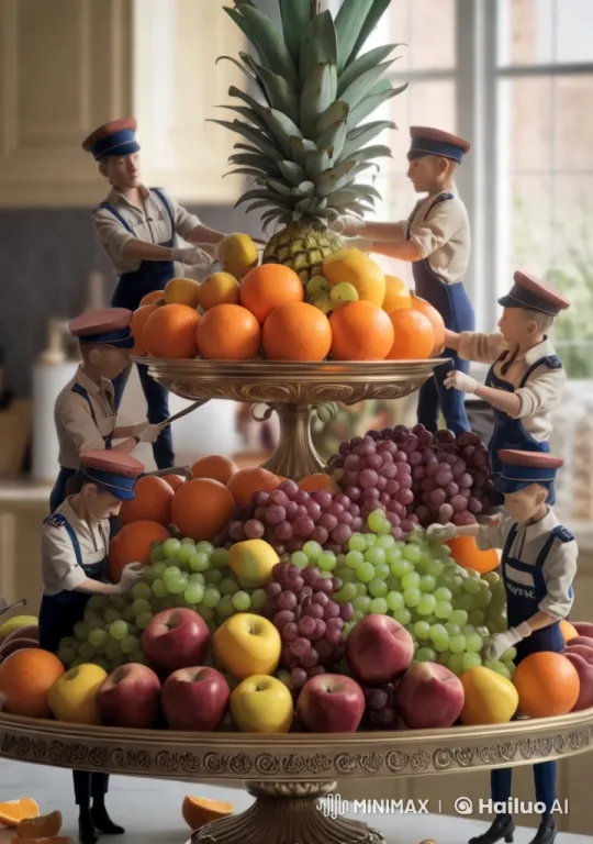 Elegant Fruit Arrangement in a Grand Kitchen Setting – AI Generated Video | Hailuo AI