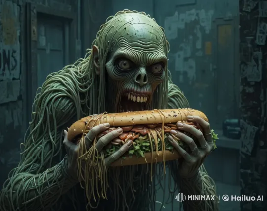 Creepy Spaghetti-Monster Devours Subway Sandwich – AI Generated Video | Hailuo AI