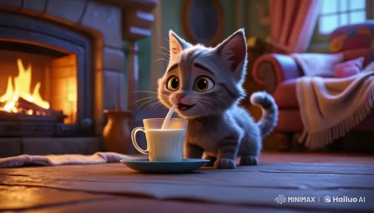 Milo the Kitten Enjoying Warm Milk by the Fireplace – AI Generated Video | Hailuo AI