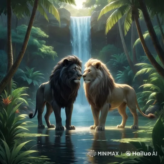 Majestic Lions Face Off in Tranquil Jungle Pool – AI Generated Video | Hailuo AI