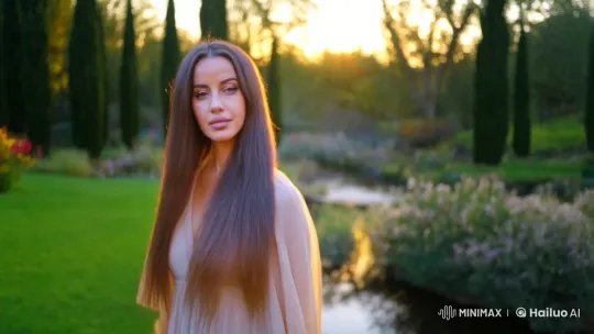 Elegant Woman in Serene Garden with Melodic Walk – AI Generated Video | Hailuo AI