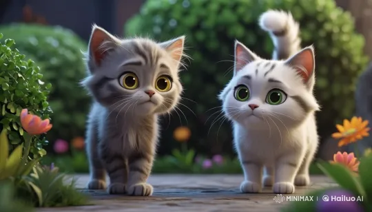 Gray Kitten Milo Meets White Cat Luna in Animated Scene – AI Generated Video | Hailuo AI