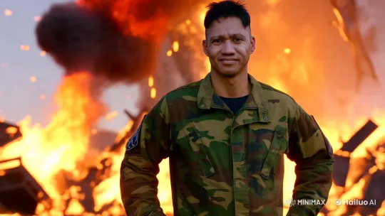 Man in Camouflage Jacket Walks Calmly Through Explosion – AI Generated Video | Hailuo AI