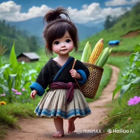 Young Girl Carries Corn in Lush Green Field – AI Generated Video | Hailuo AI
