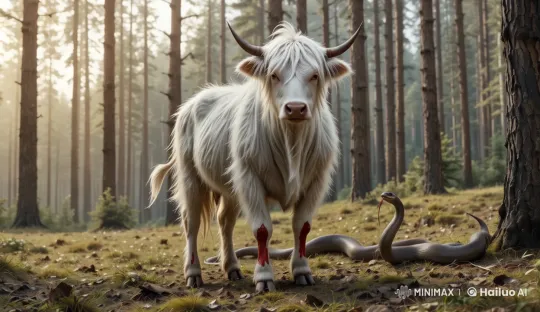 White Yak and Snake in Serene Forest – AI Generated Video | Hailuo AI