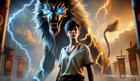Warrior Faces Lightning-Lit Lion Creature in Epic Fantasy – AI Generated Video | Hailuo AI