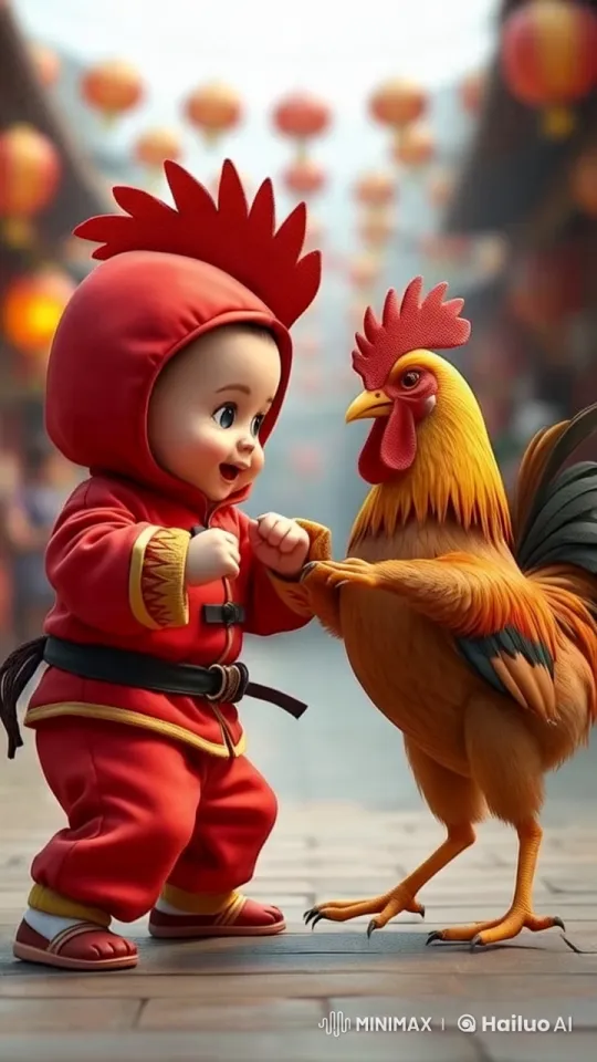 Festive Street Kung Fu Duel with Child and Rooster – AI Generated Video | Hailuo AI
