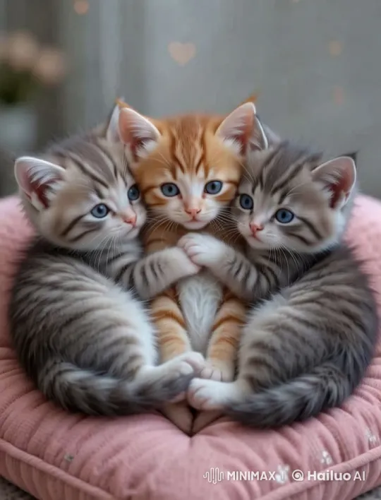 Adorable Kittens Nuzzle in Cozy Pink Cushion Setting – AI Generated Video | Hailuo AI