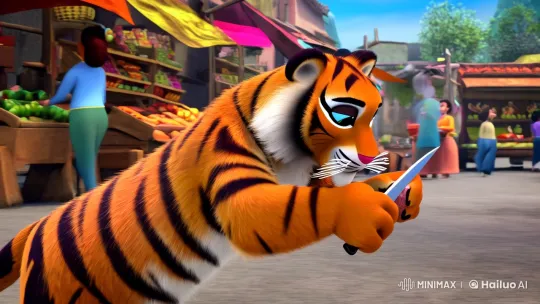 Realistic Tiger Prepares Meal in Bustling Market – AI Generated Video | Hailuo AI