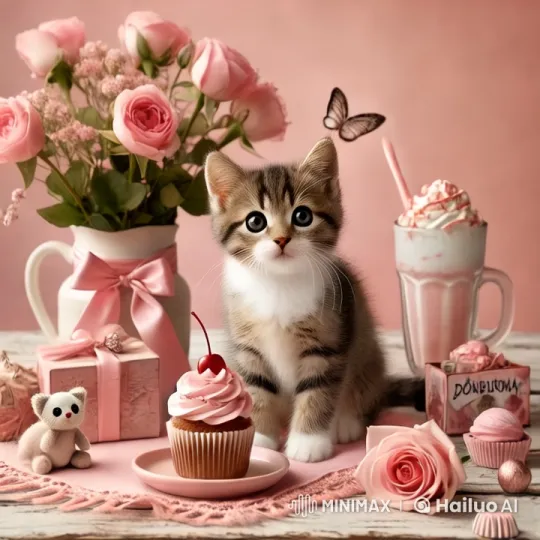 Cute Kitten Delights in Sweet Treats on Pastel Scene – AI Generated Video | Hailuo AI