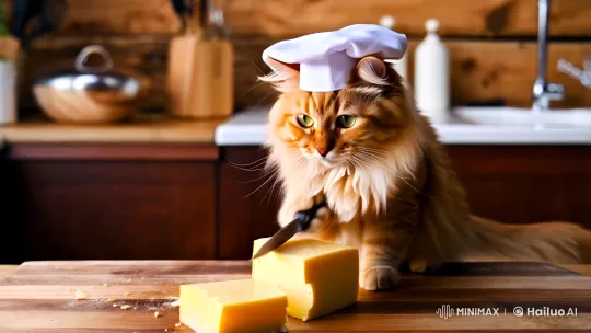 Cat Chef Skillfully Slices Butter in Cozy Kitchen – AI Generated Video | Hailuo AI