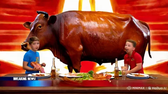 Title: Kids vs Giant Roasted Cow Eating Contest! 🍖🔥 – AI Generated Video | Hailuo AI