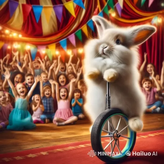 Fluffy Rabbit Balances on Unicycle in Festive Circus – AI Generated Video | Hailuo AI