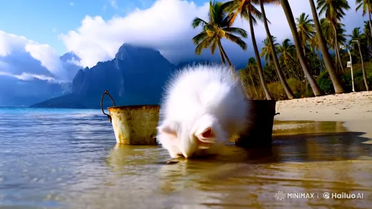 Fluffy Kitten Catches Fish on Sunlit Seashore – AI Generated Video | Hailuo AI