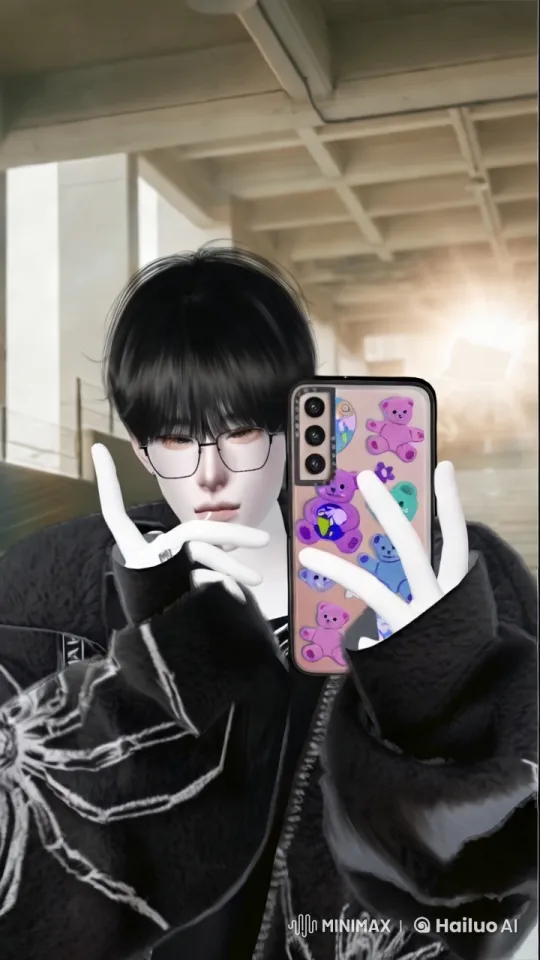 Urban Aesthetic: Person with Spider Web Jacket and Teddy Bear Phone Case – AI Generated Video | Hailuo AI