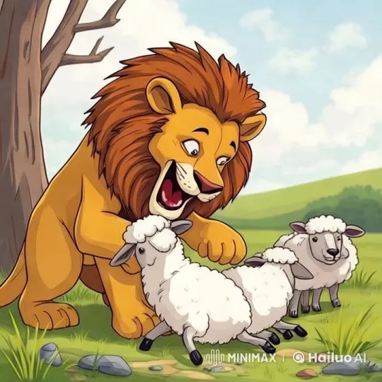 Lion Playfully Interacts with Sheep in Meadow – AI Generated Video | Hailuo AI