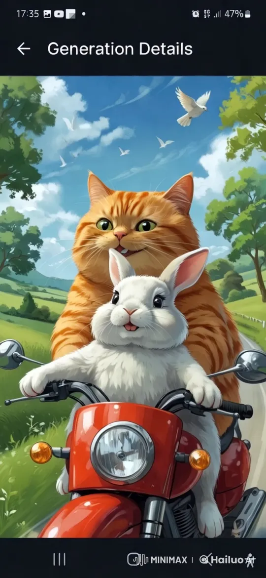 Cat and Rabbit Ride Motorcycle Through Enchanted Countryside – AI Generated Video | Hailuo AI