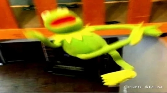 Green Frog Puppet in Dynamic Indoor Leap Scene – AI Generated Video | Hailuo AI