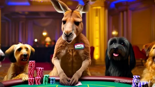 Kangaroo Dealer and Canine Players in Opulent Casino – AI Generated Video | Hailuo AI