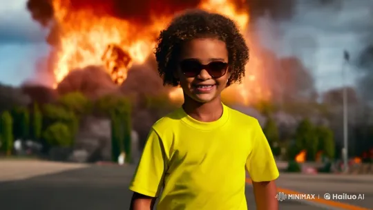 Boy Walks Confidently Amidst Chaotic Explosion – AI Generated Video | Hailuo AI