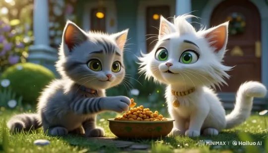 Gray Kitten Milo Shares Food with White Cat Luna in Garden – AI Generated Video | Hailuo AI