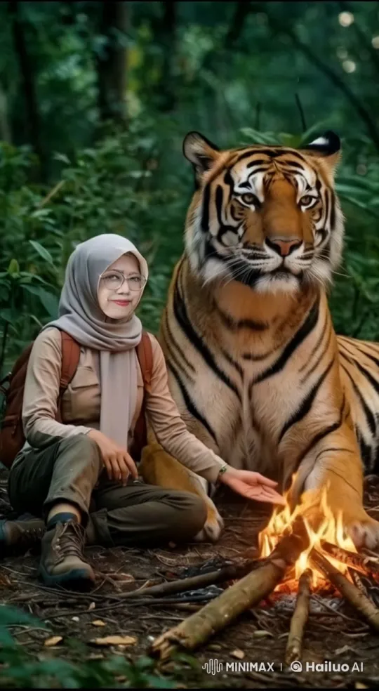 Woman and Tiger Bond by Campfire in Forest – AI Generated Video | Hailuo AI