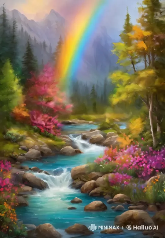 Vibrant Nature: Rainbow, Flowing Stream, and Swaying Flowers – AI Generated Video | Hailuo AI