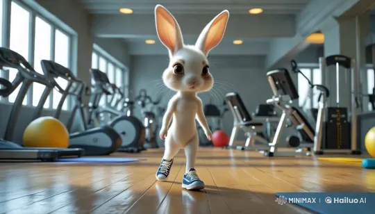 Anthropomorphic Rabbit Explores Well-Lit Gym – AI Generated Video | Hailuo AI
