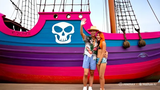 Japanese Protagonists Celebrate on Pirate Ship Amidst Confetti – AI Generated Video | Hailuo AI