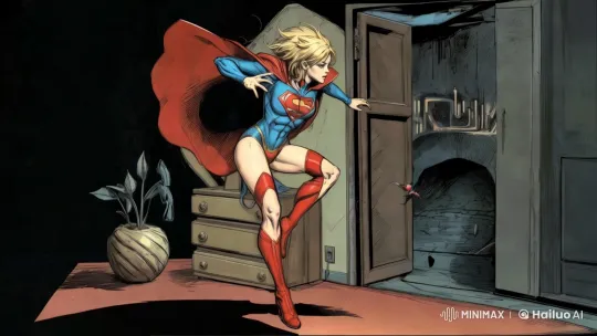 Supergirl's Dramatic Entrance in a Dimly Lit Room – AI Generated Video | Hailuo AI
