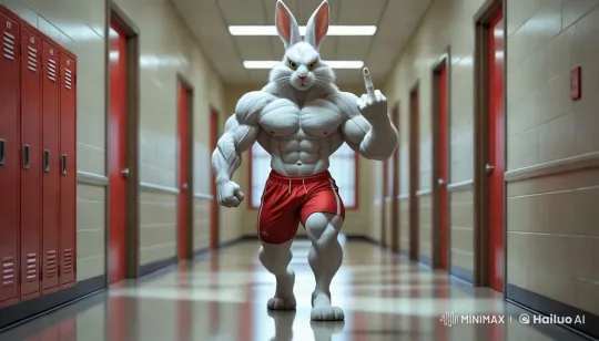 Muscular Rabbit Struts Down School Hallway – AI Generated Video | Hailuo AI