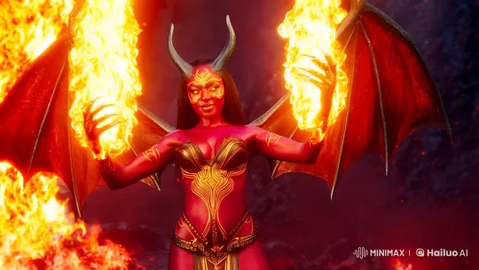 Demoness Emerges in Fiery Abyss, Commanding Infernal Power – AI Generated Video | Hailuo AI