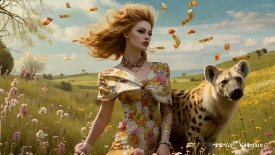 Spring Serenity: Woman and Hyena in Blooming Meadow – AI Generated Video | Hailuo AI