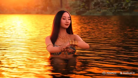 Asian Belly Dancer in Enchanted Sunset Lake Scene – AI Generated Video | Hailuo AI