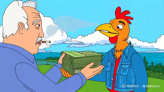 Chicken in Jean Jacket Gives Money to Elderly Man – AI Generated Video | Hailuo AI