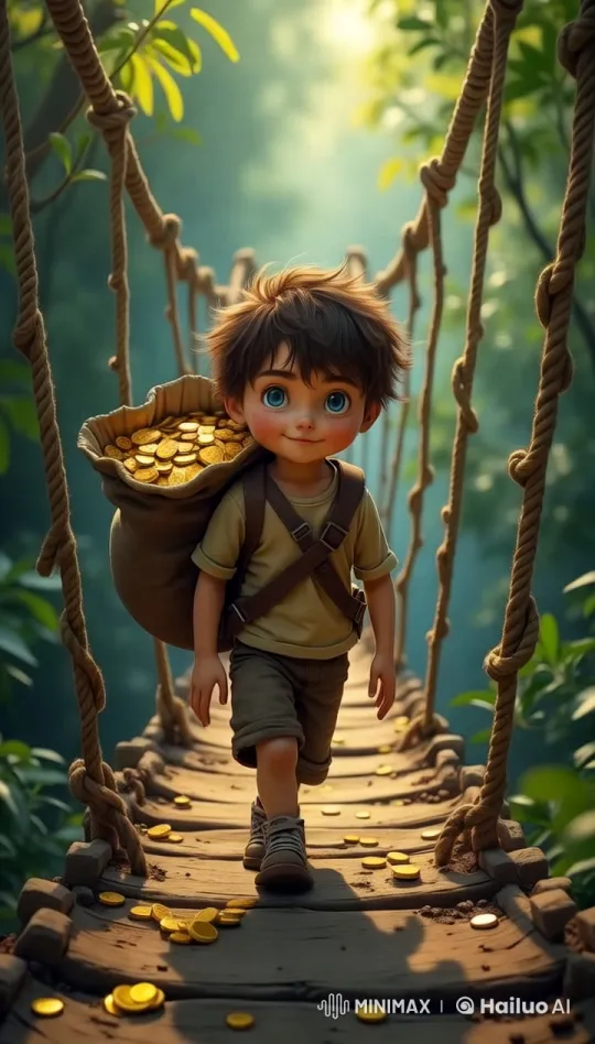 Boy Carrying Gold Crosses Jungle Bridge in Adventure Scene – AI Generated Video | Hailuo AI