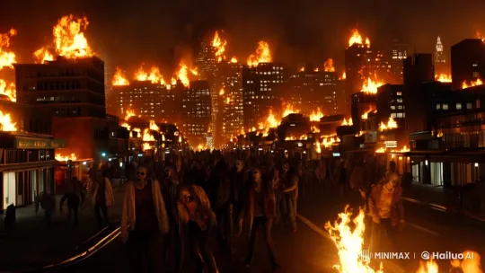 Apocalyptic Cityscape: Flames, Zombies, and Desolation – AI Generated Video | Hailuo AI
