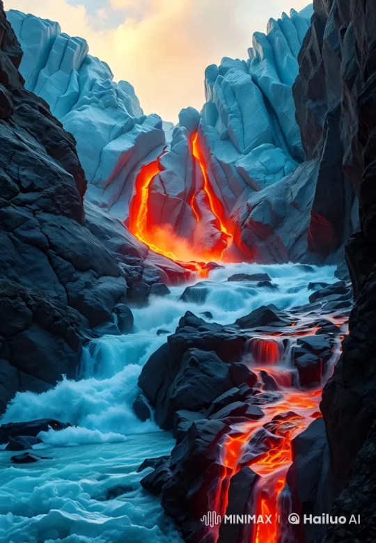 Dynamic Contrast: Glacial Blue Meets Fiery Lava Red – AI Generated Video | Hailuo AI