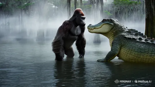 Gorilla and Crocodile Confrontation in Mysterious Swamp – AI Generated Video | Hailuo AI