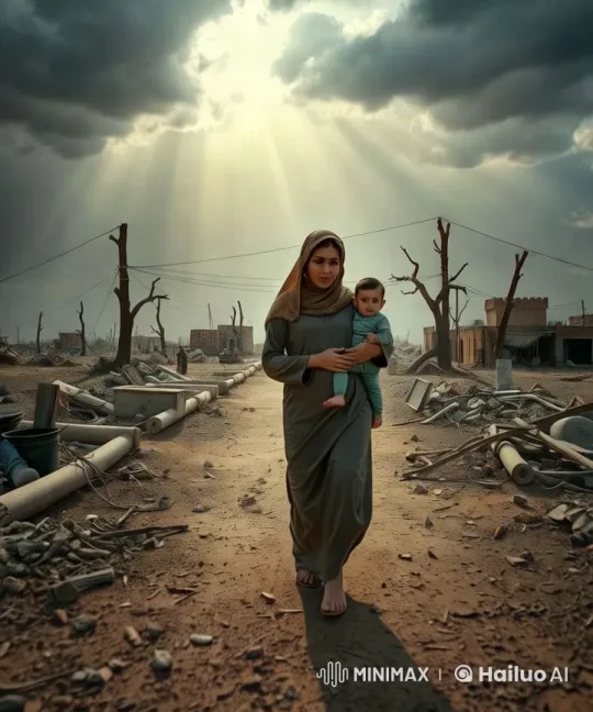 Resilient Mother Navigates Hope in Ruined Cityscape – AI Generated Video | Hailuo AI