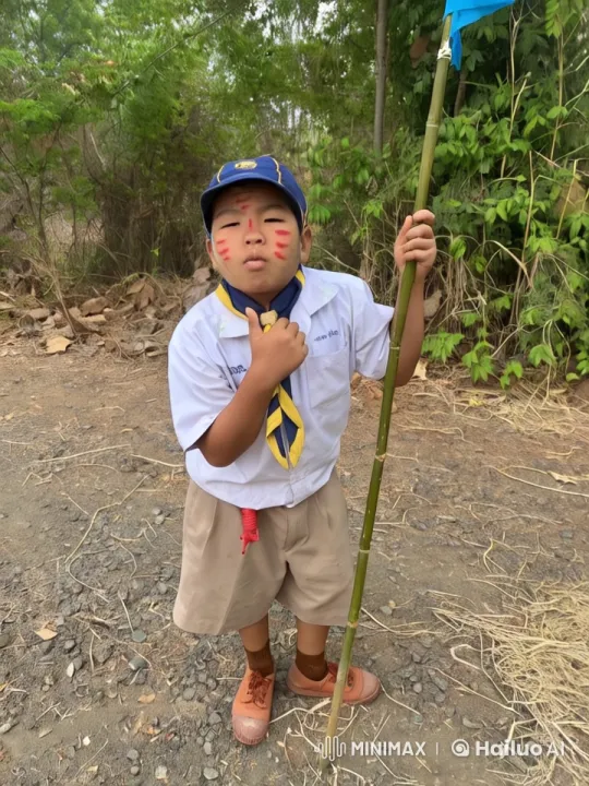 Young Boy Levitates on Gravel Road with Bamboo Stick – AI Generated Video | Hailuo AI