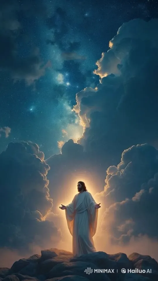 Divine Figure in Radiant Halo Amidst Celestial Night Sky – AI Generated Video | Hailuo AI