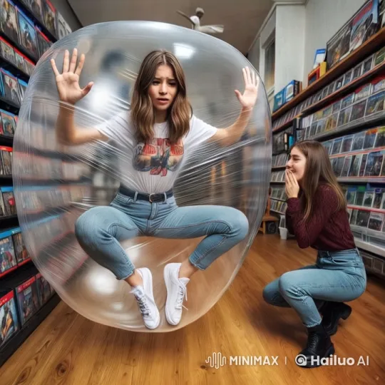 Young Woman Trapped in Playful Bubble Comedy – AI Generated Video | Hailuo AI