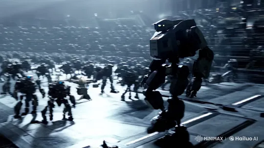 Futuristic War Robot Enters Industrial Battle Arena – AI Generated Video | Hailuo AI