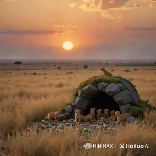 Lion Cubs Emerge in Golden Savannah Sunset – AI Generated Video | Hailuo AI