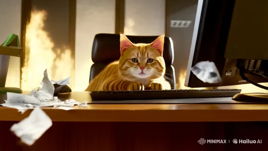 Calm Cat Amidst Office Inferno – AI Generated Video | Hailuo AI