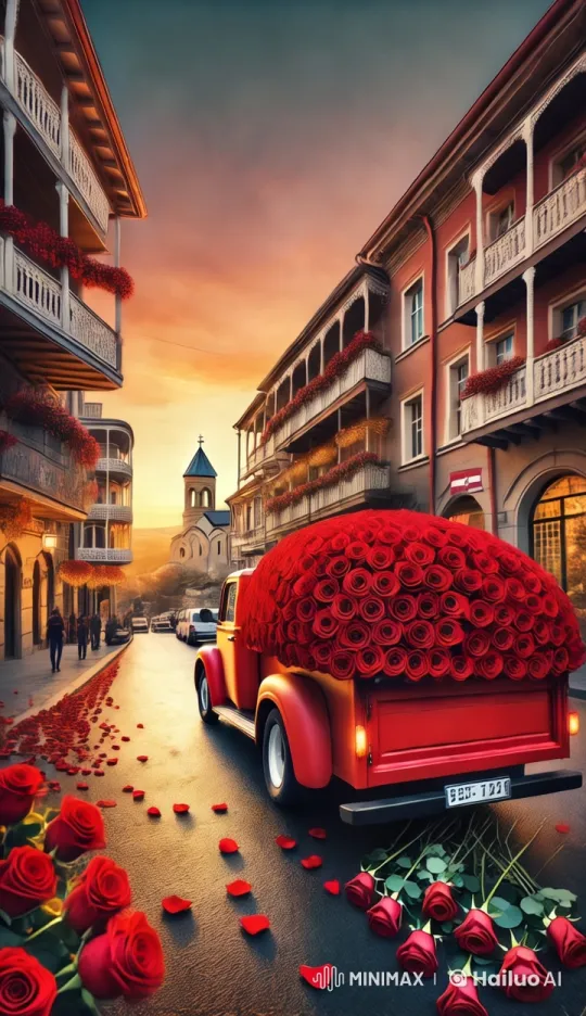Romantic Street Display with Roses and 'Valentina' in Sunlight – AI Generated Video | Hailuo AI